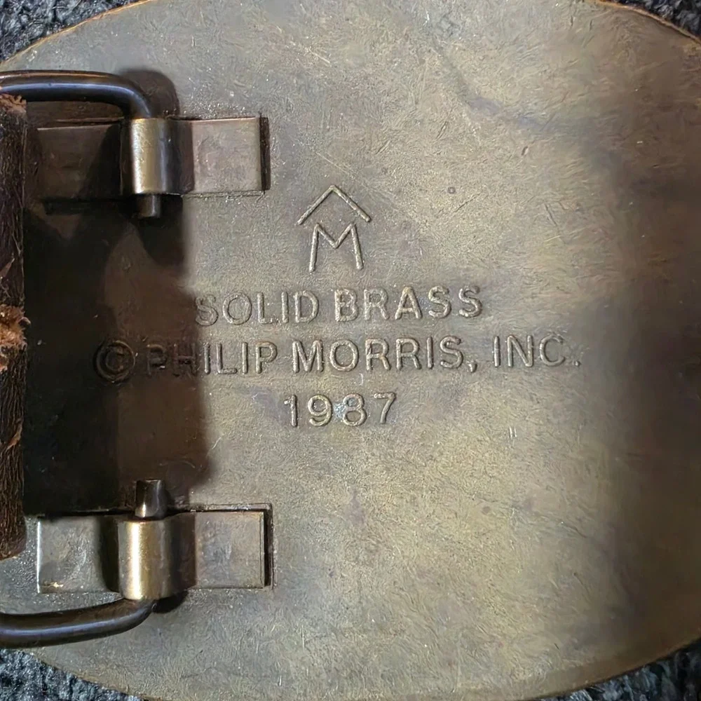 Vtg Marlboro Mens 36 38 40 Leather Belt Brown Brass Longhorn Star Buckle 1987